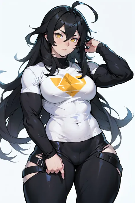 girl ((((muscular 1girl)))) ((((thick thighs toned body)))) (pale skin) black hair yellow eyes very long hair long sleeve tight t-shirt tight pants (ahoge straight hair)