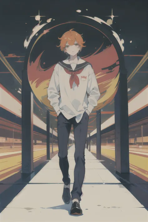 ((best quality)), ((work of art)), (detailed), boy ((17)), orange hair, brown eyes, hands in pockets, looking into the distance, good quality, perfect face, school uniform, black blaze.