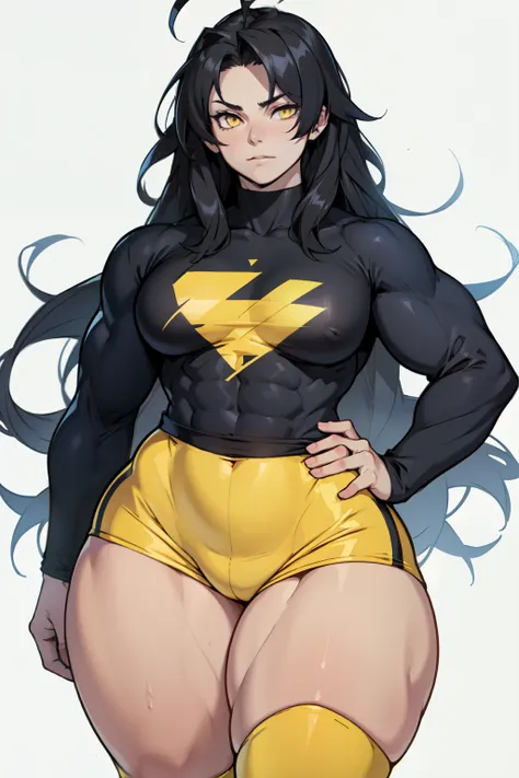 girl ((((muscular 1girl)))) ((((thick thighs toned body)))) (pale skin) black hair yellow eyes very long hair long sleeve tight t-shirt tight pants (ahoge straight hair)