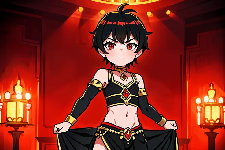 young kid, ((boy)), 8 year old kid, short black spiky hair. red highlights, red eyes. (black belly dancer outfit), skimpy, dynamic pose, (inside fantasy tavern), standing, up close, Very good figure, extremely detailed, cinematic lighting, volume lighting,...