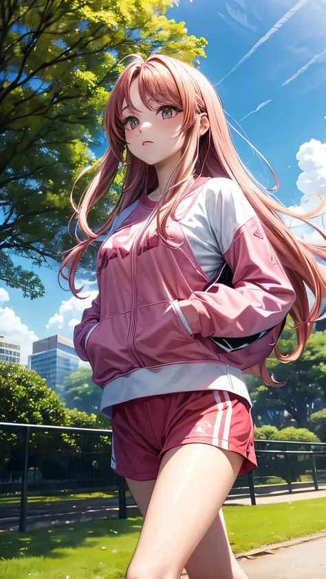 Beautiful girl with brown eyes and long pink hair wearing sportswear walking in a park sunny and clear day 