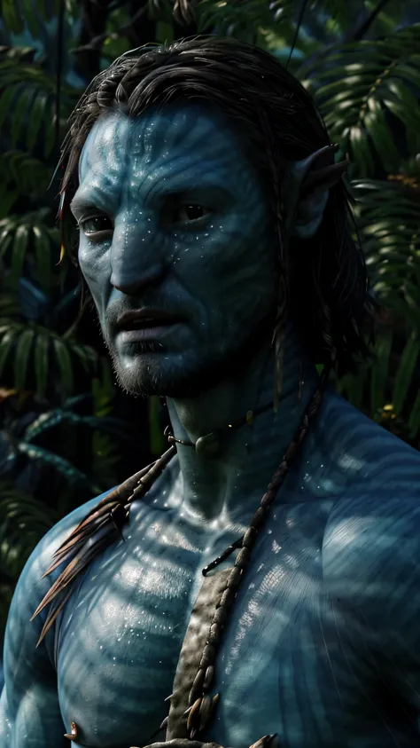 avatar, ((nikolaj coster-waldau)), blue skin, standing, jungles, day, sun, sunlight, 1man, solo, beautiful detailed glow, detail...