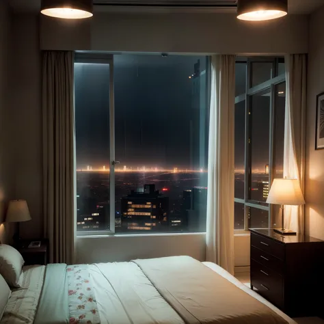 City，High-rise building interior view，rained，the night，lamplight，Warm bedroom，Close to the window，Need