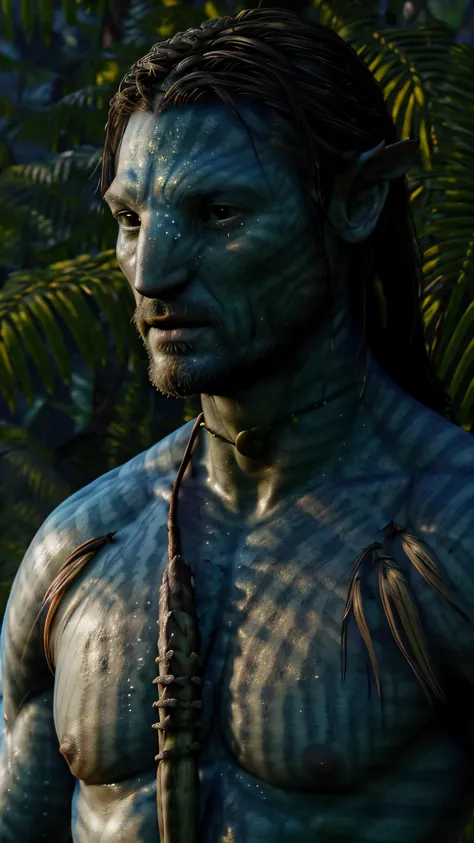 avatar, ((nikolaj coster-waldau)), blue skin, brown hair, standing, jungles, (full body view), 1man, solo, beautiful detailed gl...