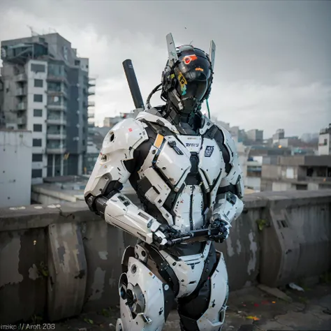 mecha style, half photoshoot, white robot,semi humans,mechs,Solo,astronout,Science fiction,Standing, white armor,DVR,Looking Ahead, holding katana, city background