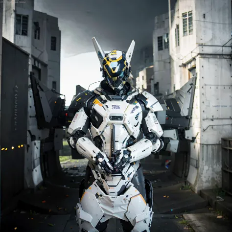 mecha style, half photoshoot, white robot,semi humans,mechs,Solo,astronout,Science fiction,Standing, white armor,DVR,Looking Ahead, holding katana, city background