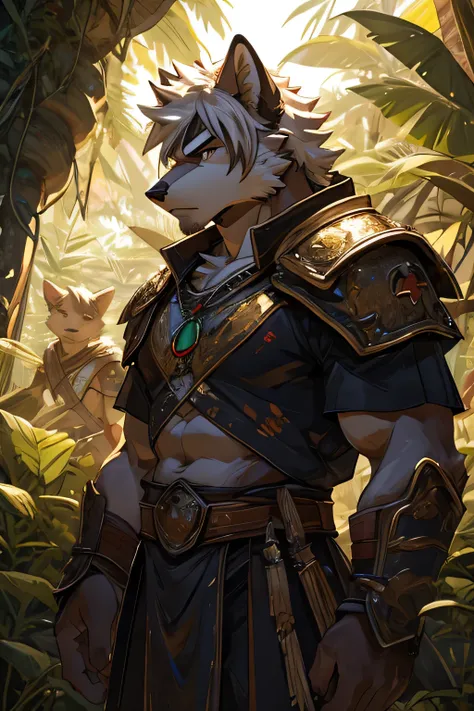 male, ((white hair)), hairy，white wolf muscle, armor, jungle，tribe, watercolor，concept art，tropical，Sunlight直射，natural lighting，Sunlight，whole body，Vague，moody，black eyes，only one person,Quality management rendering，High purity shades，high detail，high qual...