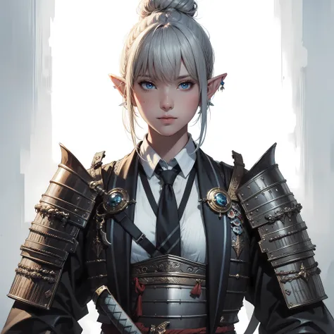 masterpiece, best quality, incredibly detailed, illustration, fantasy, portrait of Shogun elf female, solo, half body, bangs, pixie silver hair, hair bun, blue eyes, white shirt, suit with samurai armor, serious, mature, georgeous, seated office desk, from...