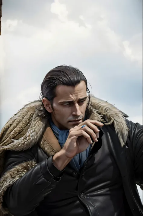 masterpiece, best quality, extremely detailed, hyperrealistic, photorealistic, a cool 40s man, ultra detailed face:1.1, fur-trimmed coat, scarf around the neck, reaching out a hand towards the viewer:1.3
