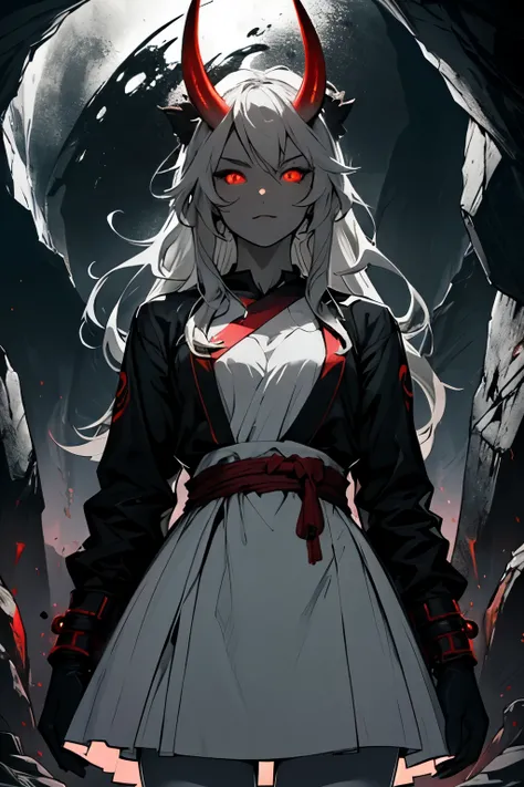 (1 girl, oni horn, long hair, glowing red eyes, dress), (gray, gray theme, inside the cave, backlight, fog), facing, looking at you