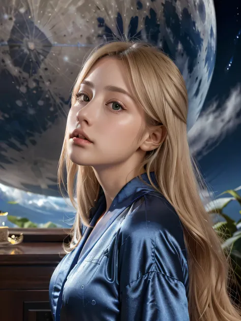 (Highly detailed 8k wallpaper),Complex, high detail, dramatic、SF、This is the moon base、huge blue earth floating in the sky、Beautiful slim blonde French girl in a blue robe、look up at the earth、profile