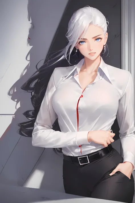 (business jacket:1.4),(a girl:1.5),Elegant photo of girl wearing suit jacket,red lips,lipstick,(perfect eyes:1.4), (White shirt:1.5), silver hair,purple eyes,smile slightly,happy,High detail skin,stunning face,long eyelashes,black eyeliner,masterpiece,best...