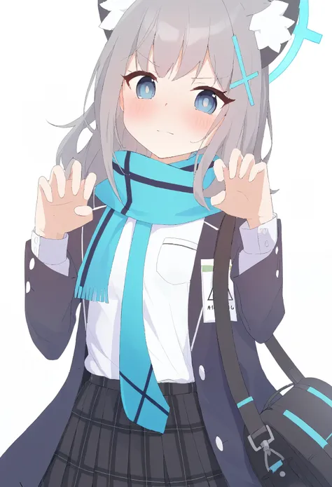 anime girl with gray hair and blue eyes wearing a blue scarf, with index finger, anime moe artstyle, cute anime girl, anime style 4 k, mikudayo, kantai collection style, pretty anime girl, an anime girl, (anime girl), anime visual of a cute girl, beautiful...