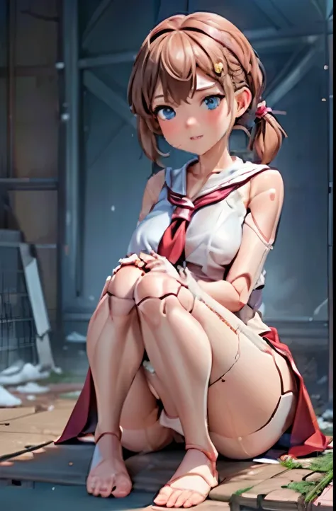 A Female robot is sleeping in forest, spread legs, nude, banzai pose. she wears no dress. She Brown short hair is tied with two big red clothespins, She lifts up the under hem of her white plain dress, leaning over, masterpiece, very short pigtails,brown h...