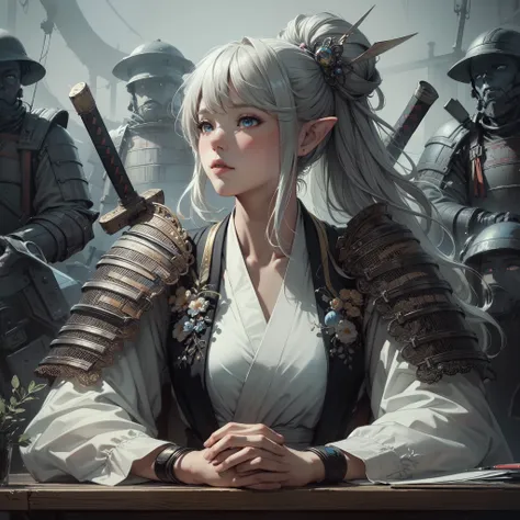 masterpiece, best quality, incredibly detailed, illustration, fantasy, portrait of Shogun elf female, solo, half body, bangs, pixie silver hair, hair bun, blue eyes, white shirt, suit with samurai armor, serious, mature, georgeous, seated office desk, from...