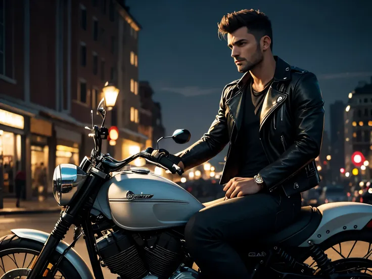 ((photorealism, high quality, detailing, Masterpiece, Best quality:1.2)), (whole body), european strong 1 man, ((Sitting on a motorcycle), attractive facial features, (brunette), short hair, strong build, tanned skin, dark pants and leather jacket, texture...