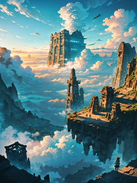 (in the air),(above the cloud:1.4),(finely detailed ancient lost_city:1.3),(lost_city towering above the clouds:1.2),epic,(focus_girl:1.2),(girl in city peak of Broken bridge), sitting on the verge of that bridge looking at the far horizons,rule of