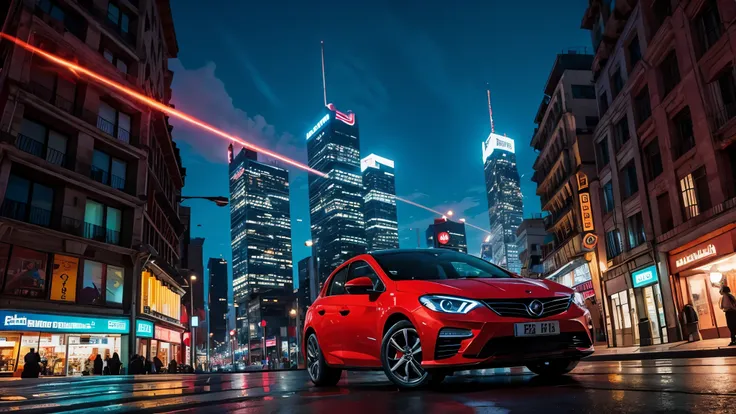 Auto volador color rojo en una ciudad nocturna 