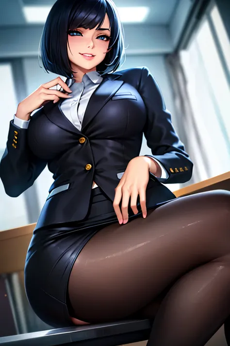 1girl, black hair, tight female office suit, bob cut, devious smile, licking finger, bigass, marked breasts, sitting on a table,...