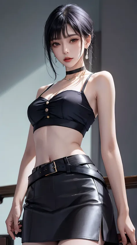 (masterpiece, best quality, 1girl, solo, intricate details, chromatic aberration), (realistic),(skin), ((breath)),(black hair,blunt bangs),detailed hair, red head ornament, blue highlights, hair over one eye,black eyes, small earrings, sharp eyes, choker,(...