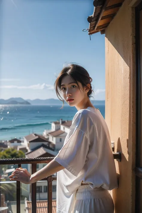 realistic photography, taiwanese women with short hair ,balcony of a seaside vacation home