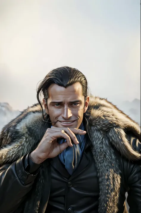 masterpiece, best quality, extremely detailed, hyperrealistic, photorealistic, a cool 40s man, ultra detailed face:1.1, fur-trimmed coat, scarf around the neck, reaching out a hand towards the viewer:1.3, sly smile
