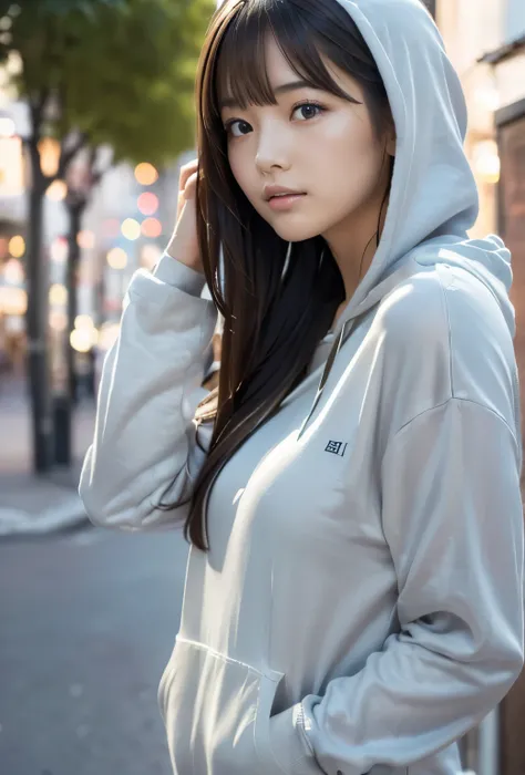 (((daytime town:1.3, outdoors, Photographed from the front))), ((long hair:1.3, hoodie, japanese woman, cute)), (clean, natural makeup), (highest quality, masterpiece:1.3, 超High resolution), (Super detailed, caustics), (realistic:1.4, RAW shooting), very d...