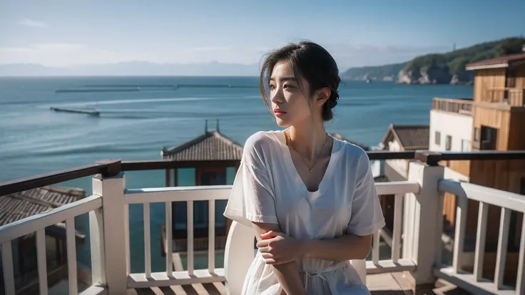 realistic photography, taiwanese women with short hair ,balcony of a seaside vacation home