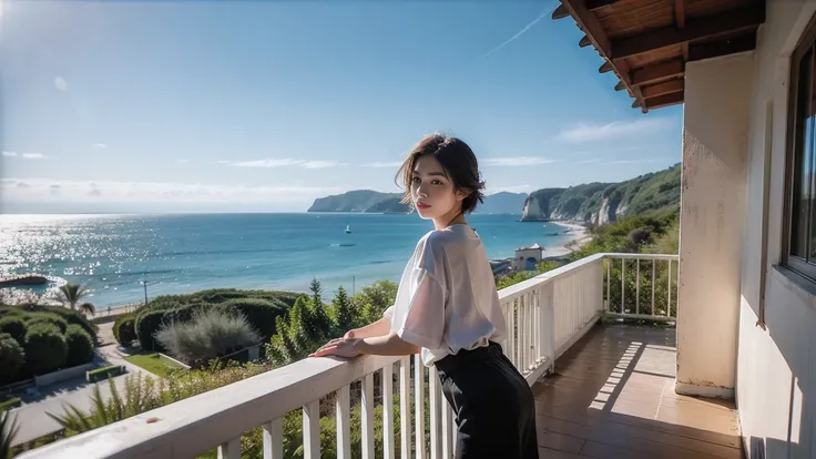 Realistic photography, Taiwanese women with short hair ,Balcony of a seaside vacation home