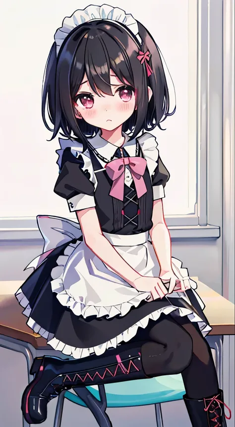 loli，short black hair，maid outfit，Black lace-up boots，white pantyhose，blush shy，classroom scene，demon