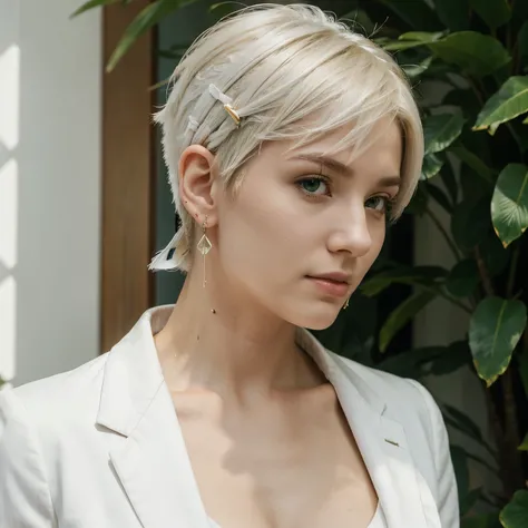 Anime, White short hair, feather earring on the right side ear, Musculine female wearing a noble suit that is white, calm expression, green eyes, air around her.