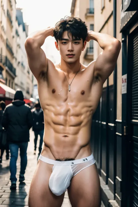 Boy in the crowded street in Paris, amazing Paris street scenery, Crowded paris street, Eiffel tower scenery, Eiffel tower in the background, Full body photo, very wet body,  Very thin thong, Proudly showing off his sweaty very hairy armpits, completely na...