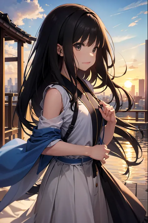 Image Quality　original characters、city girl、summer clothing、long black hair、A city made of Japanese glass wind chimes、huge entrance cloud、sunset