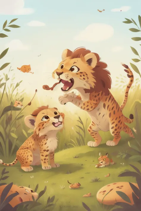 Little lion and cheetah fight in the prairie，The atmosphere is tense，Eating each other with fierce eyes，The fighting is very fierce，HD，excellent，（children&#39;s picture books），illustration