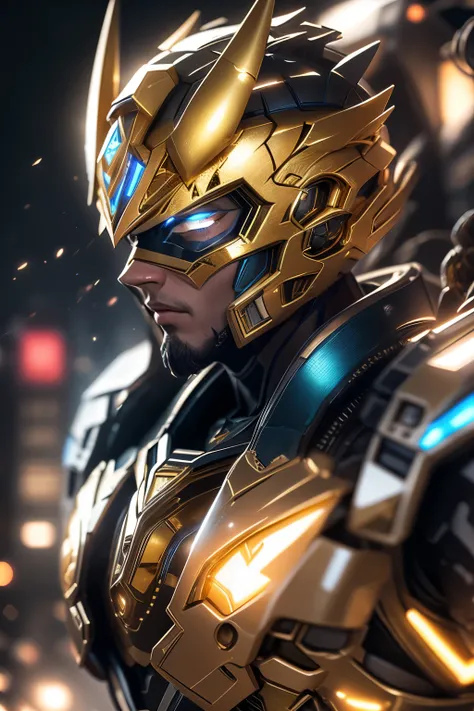 gloomy portrait of Gold Ranger Bull of the cosmic from Power Rangers, extremely detailed, futuristic cityscape, nighttime, glowing neon lights, smoke, sparks, metal shavings, flying debris, blue energy effects, volumetric light