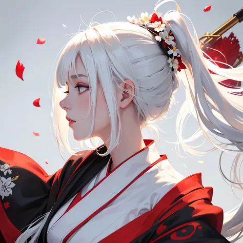 ((solo)), ((close-up side profile)) of a girl with eyes closed, ((head tilted up)), white hair that is tied up, (faint smile), flowing hair, burning flower on hair, falling petals, (red, black, white, kimono), flowing cloth