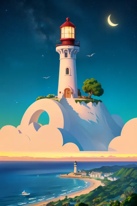 CuteCartoonAF, Cute Cartoon, masterpiece in maximum 16K resolution, superb quality, a whimsical tall lighthouse on a floating big island, the lighthouse has playful design, the floating island has colorful flowers and whimsical trees, night sky with winkli...