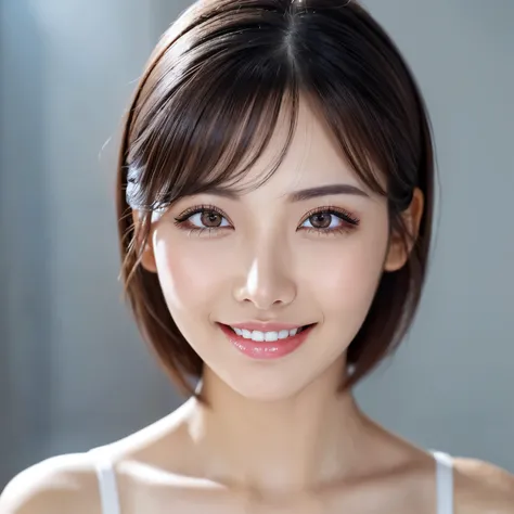 ((highest quality、table top、8k、best image quality、Award-winning work)、one beautiful woman、(Super close-up of just the face:1.5)、(straight short hair:1.1)、the biggest smile looking at me、(Beautiful skin that shines very brightly:1.1)、(Face straight ahead an...