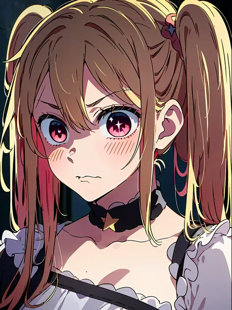 Hoshino Ruby, 1 girl, alone, Hoshino Ruby, Symbolic pupils, (Left star-shaped pupil:1.5), (black eyes, Left star:1.5), long hair, blonde hair, Bangs, blush, Side Mao Insult, Poker face, sick, darkness falls, black background, angry face, Serious expression