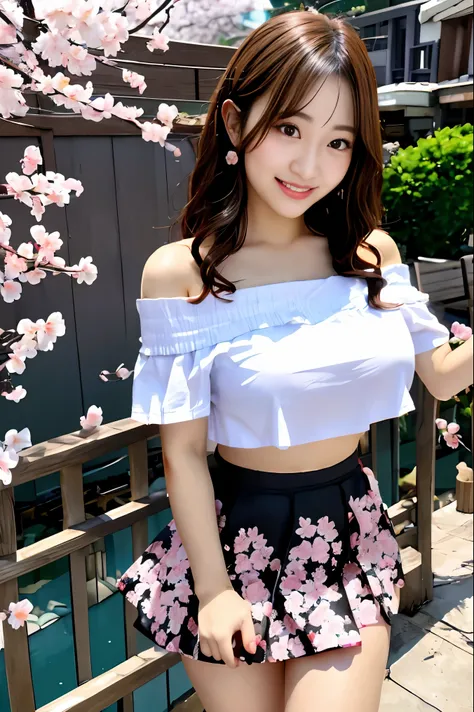 One female、realistic、Asian、beautiful、smiling、whole body、long brown hair、wavy hair、White off-the-shoulder T-shirt、black mini skirt、big breasts、valley、slouch、garden、pool、cherry blossoms、Seductive style、masterpiece、ultra high resolution、perfect lighting、16K