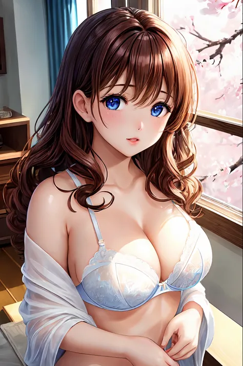 One female、brown hair、curly hair、blue eyes、dense lips、white underwear、white bra、beautiful breasts、slouch、inside the house、window sill、cherry blossoms、sunlight、masterpiece、ultra high resolution、perfect lighting、16K