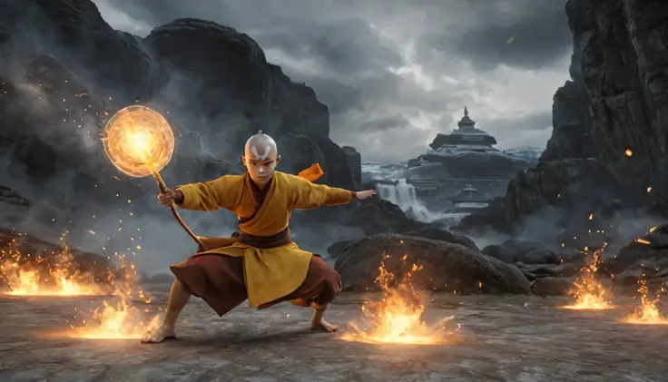 Render a realistic representation of Aang, o ultimo mestre do Ar, showing his mastery of all bending elements while in the powerful Avatar state. ultra detalhado, High definition, 8K