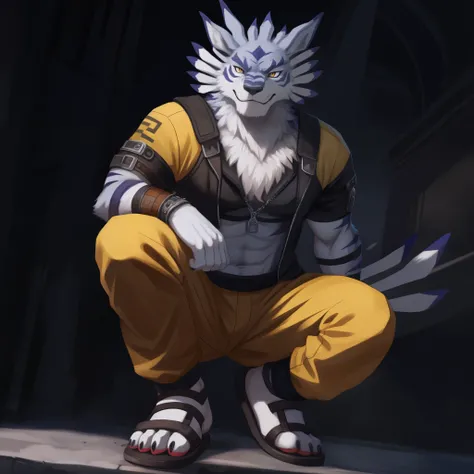 Studio full body photography, Weregarurumon yellow and black tracksuit, wears flipflops, soft red glow in eyes, high resolution, detailed background, 8k, photorealistic, low light, wide dynamic range, dynamic angles and pose, focused