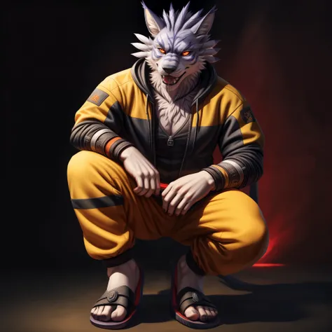 Studio full body photography, Weregarurumon yellow and black tracksuit, wears flipflops, ((soft red glow in eyes)), (drooling), high resolution, detailed background, 8k, photorealistic, low light, wide dynamic range, dynamic angles and pose, focused