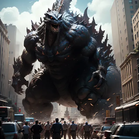(best quality,masterpiece,highres,detailed), Godzilla, Fighting giant monsters, in the city,