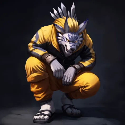 Studio full body photography, Weregarurumon yellow and black tracksuit, wears flipflops, ((soft red glow in eyes)), (drooling), high resolution, detailed background, 8k, photorealistic, low light, wide dynamic range, dynamic angles and pose, focused