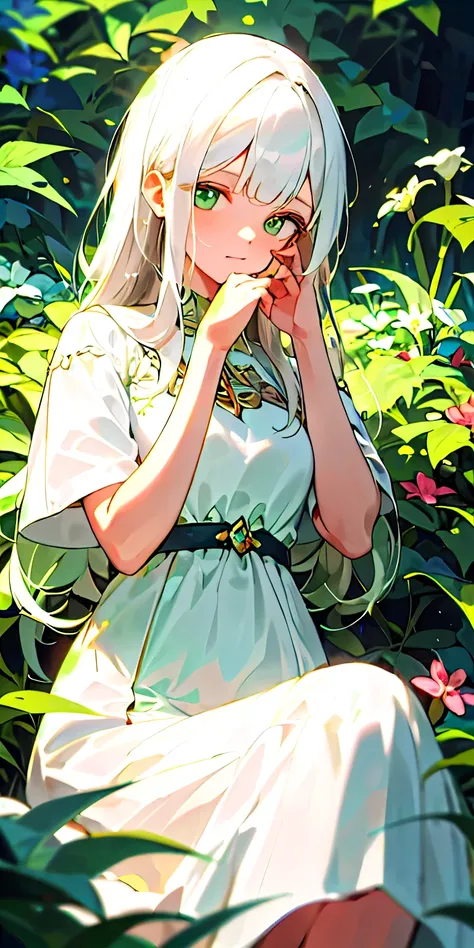 (obra de arte, melhor qualidade),1 garota com longos cabelos brancos sentada em um campo de plantas e flores verdes, the hand under his chin, warm lighting, vestido branco, primeiro plano desfocado