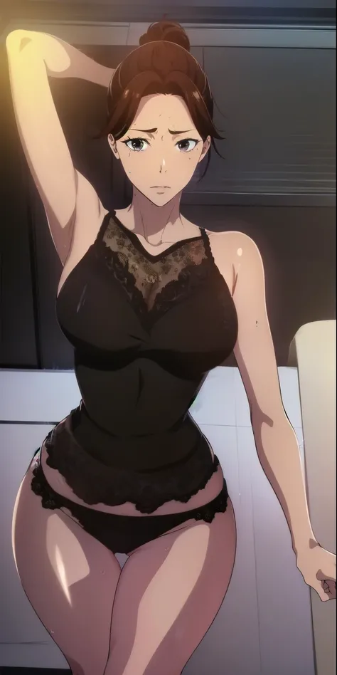 (masterpiece, best quality, high resolution, animescreencap, anime colored,), (perfect anatomy, beautiful detailed eyes, beautiful detailed body, beautiful breast, shiny skin), a sexy mature anime lady standing, ((black panties,lace trim,lingerie,lace trim...