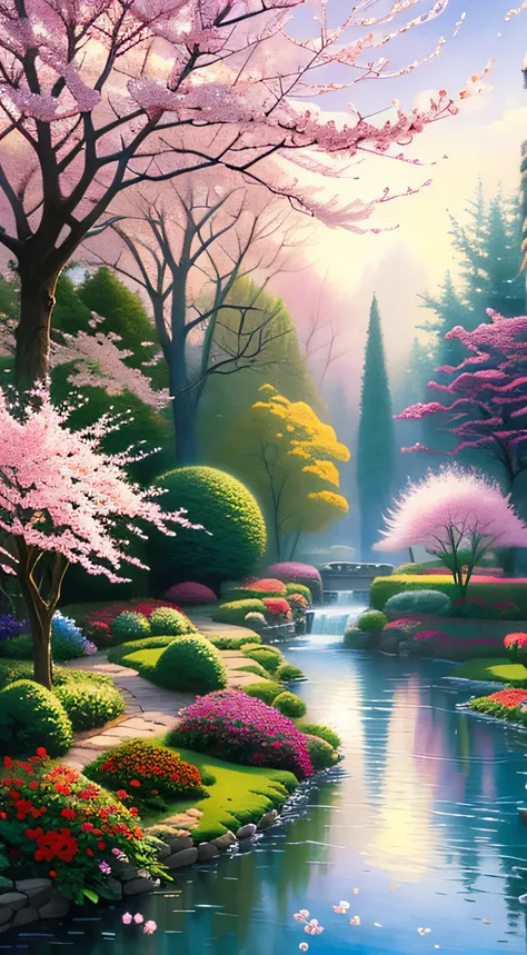 beautiful garden painting. spring , Moody and meaningful scenes in the style of Thomas Kinkade ,HD 4K , seamless texture, watercolor、cherry blossoms、