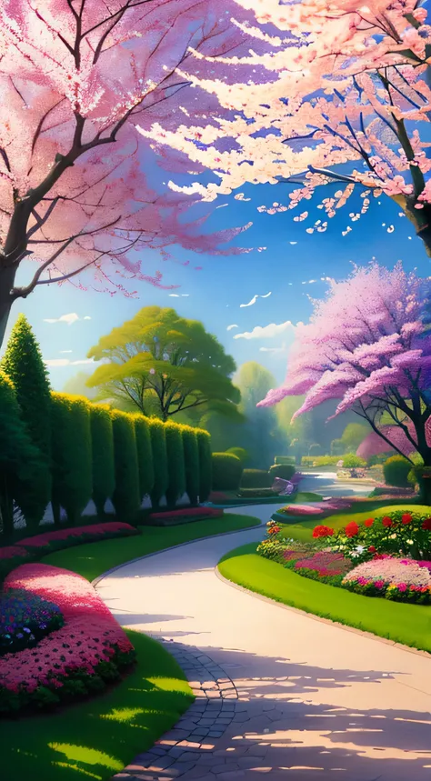 beautiful garden painting. spring , Moody and meaningful scenes in the style of Thomas Kinkade ,HD 4K , seamless texture, watercolor、cherry blossoms、